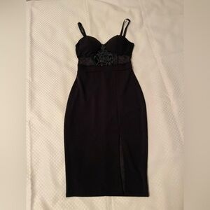 Charlotte Russe vtg strappy little black dress with mesh inset & front slit. XS